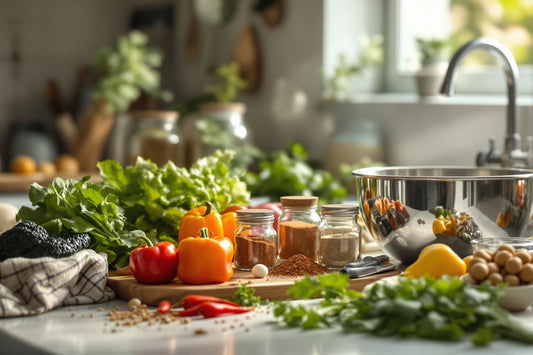 A clean kitchen countertop scene showing fresh vegetables, spices in glass jars, and a stainless steel mixing bowl, lit 