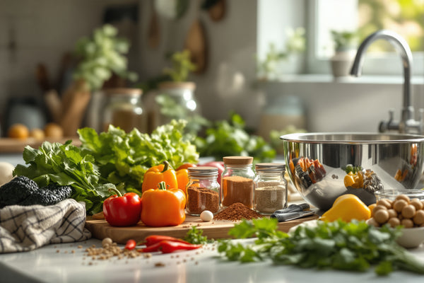 A clean kitchen countertop scene showing fresh vegetables, spices in glass jars, and a stainless steel mixing bowl, lit 