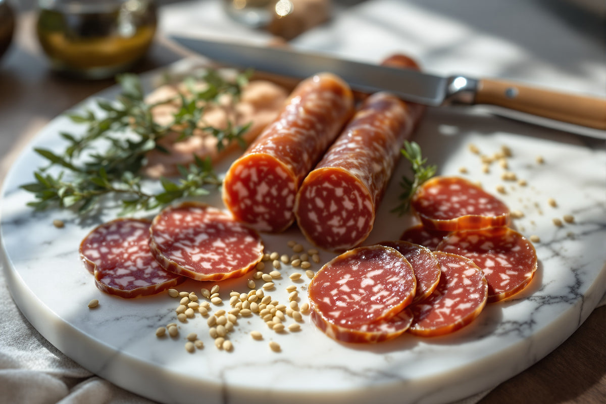 Whole aged Italian salamis arranged on weathered marble with a vintage slicing knife, fennel seeds scattered, natural wi