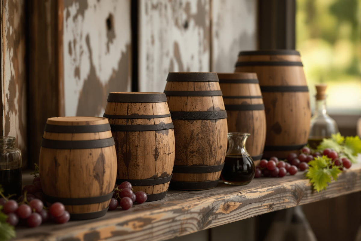 A row of small wooden barrels in diminishing sizes on a rustic wooden shelf, with a glass cruet of dark, viscous balsami
