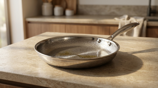 Honeycomb frying pan with oil sheen — Wudy Journal cover (Higgsfield)