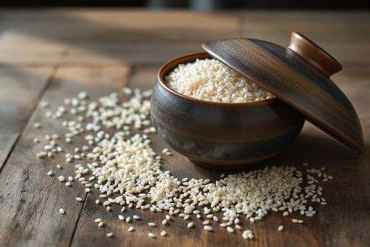 A traditional ceramic donabe pot with lid slightly ajar revealing glossy short-grain white rice, scattered raw rice grai