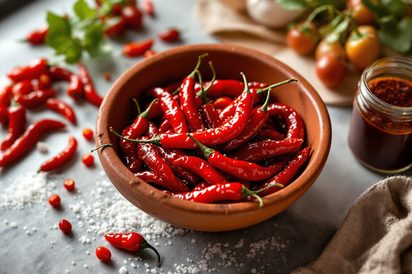 A terracotta bowl filled with glossy oil-packed Calabrian chillies, surrounded by fresh red peperoncini, coarse sea salt