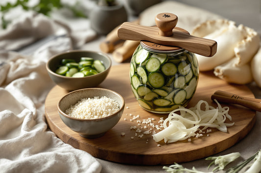 A ceramic Japanese pickling press beside bowls of salt-rubbed cucumbers, rice bran, and glistening daikon slices on a wo