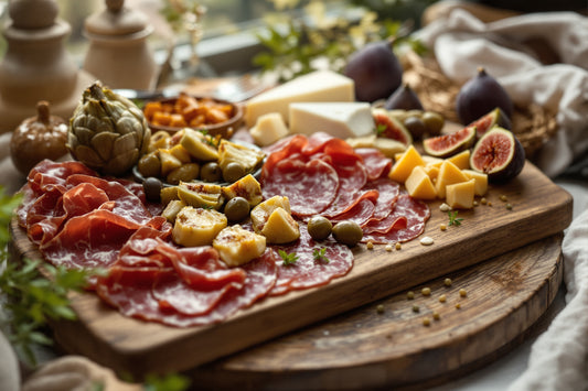 A rustic wooden board displaying sliced salumi, chunks of aged cheese, marinated artichokes, olives, and fresh figs unde