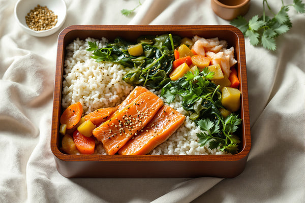 A lacquered bento box photographed from above, compartments filled with white rice, grilled salmon, pickled vegetables, 