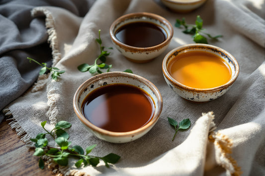 Four small ceramic bowls filled with soy sauce in varying shades from deep mahogany to pale amber, arranged on raw linen