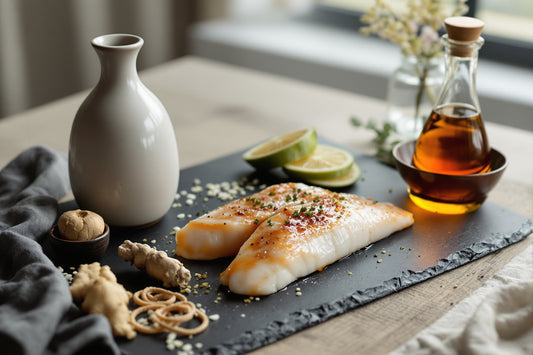 A ceramic sake bottle and small glass bowl of amber mirin beside ginger, kombu, and a glazed fish fillet on a minimalist