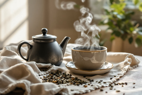 A cast-iron teapot beside a ceramic cup on a linen cloth, steam rising gently, natural morning light from a window, mini