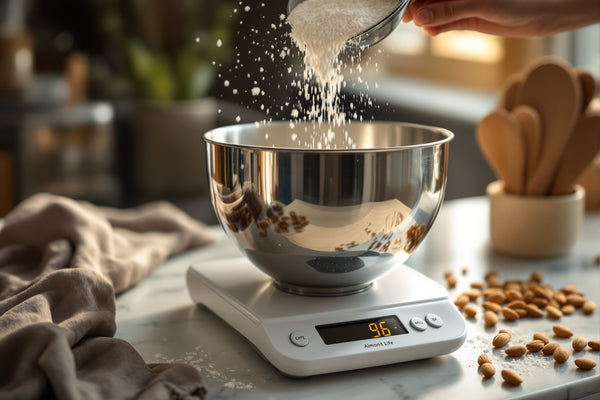 A stainless steel mixing bowl on an integrated scale platform, flour being spooned in, digital display visible, warm mor