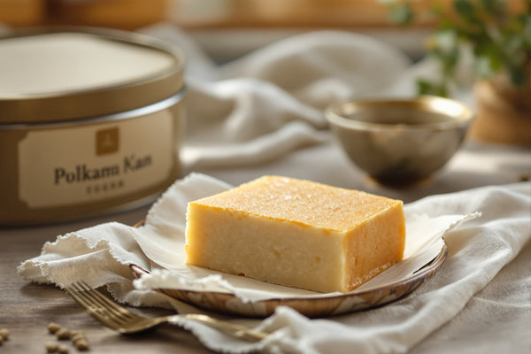 A perfectly square slice of shokupan on a linen cloth beside a closed Pullman tin, soft morning light, minimal rustic ba