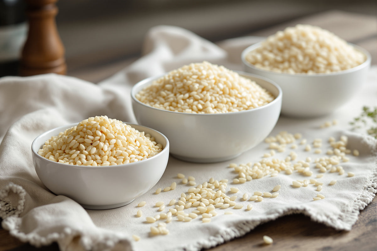 Three white ceramic bowls containing raw Carnaroli, Arborio, and Vialone Nano rice grains on a linen cloth, diffused nat