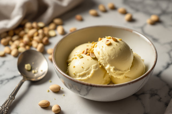 A ceramic bowl of pistachio gelato beside a metal spatula and scattered whole pistachios on a marble surface, soft natur