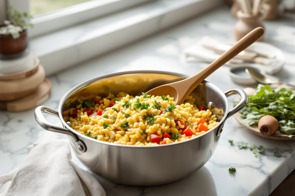 A large stainless steel cooking vessel on a clean marble counter, filled with golden risotto and vegetables, wooden spoo