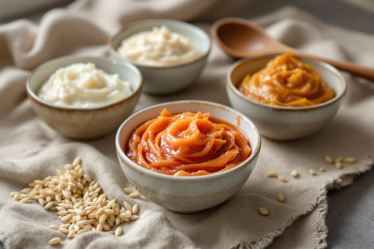 Three ceramic bowls containing white, red, and amber miso paste arranged on a textured linen cloth beside a wooden spoon