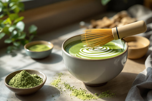 A bamboo chasen whisk resting on a ceramic matcha bowl filled with vibrant green frothy tea, loose matcha powder in a sm