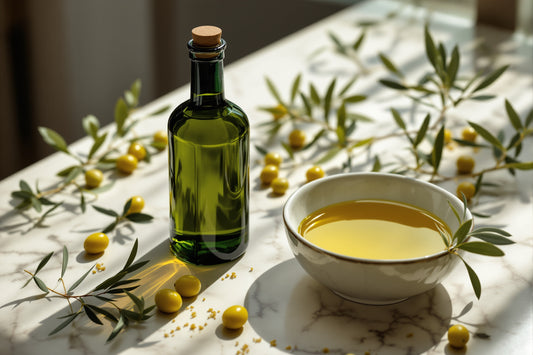 Dark green glass bottle of olive oil beside a shallow ceramic bowl filled with golden-green oil, fresh olive branches wi