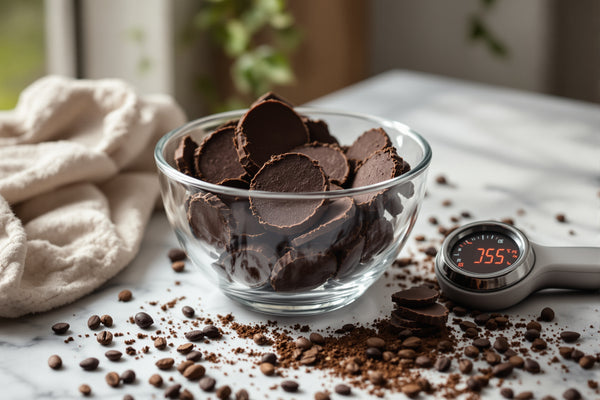 A glass bowl of dark chocolate discs melting at precise temperature beside a digital thermometer, natural window light, 
