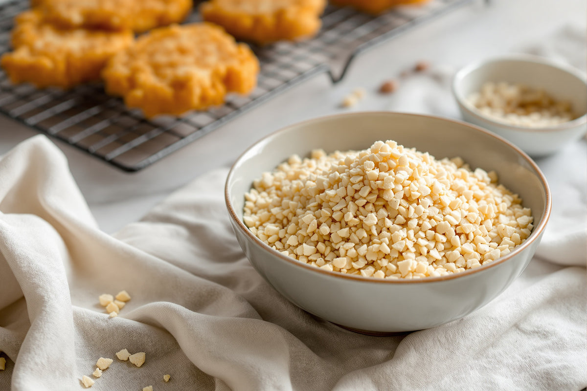 A shallow ceramic bowl filled with coarse panko breadcrumbs beside a wire cooling rack holding golden fried tonkatsu cut