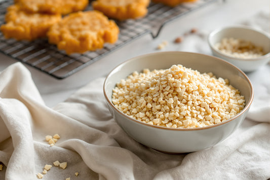 A shallow ceramic bowl filled with coarse panko breadcrumbs beside a wire cooling rack holding golden fried tonkatsu cut