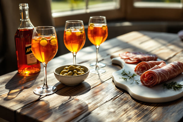 A weathered wooden table with amber Aperol spritz in stemmed wine glasses, a carafe of chilled prosecco, green Castelvet