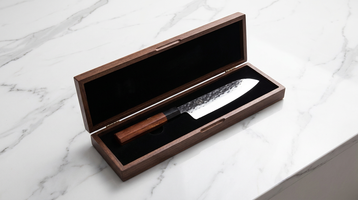Santoku knife in gift box — Wudy Journal cover (Higgsfield)