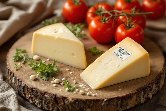 A rustic wooden board displaying wedges of Parmigiano-Reggiano with its stamped rind, whole San Marzano tomatoes with DO