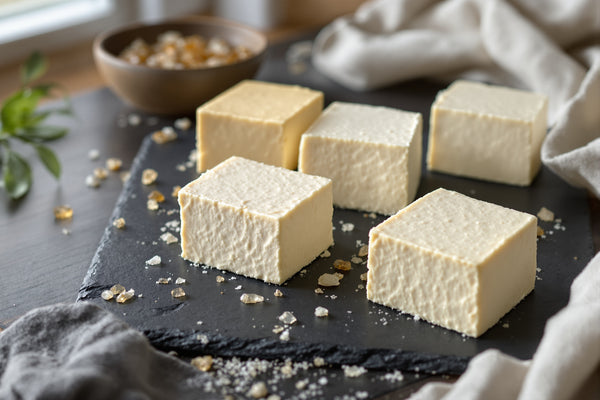 Three blocks of tofu in varying textures—silken, medium, and firm—arranged on a dark slate surface with a shallow cerami