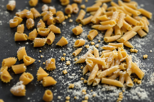 Rough-textured bronze-die rigatoni scattered on a dark slate surface beside smooth Teflon penne, shot in natural window 