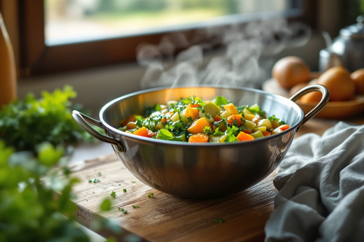A stainless-steel mixing bowl filled with sautéed vegetables and herbs on a wooden countertop, steam rising gently, warm