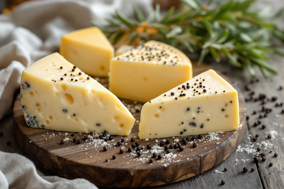 Three wedges of pecorino cheese at different ages arranged on a weathered wooden board with scattered black peppercorns 
