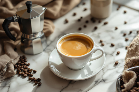 A just-pulled espresso shot in a white porcelain cup on a marble counter, golden crema visible, with a moka pot and scat