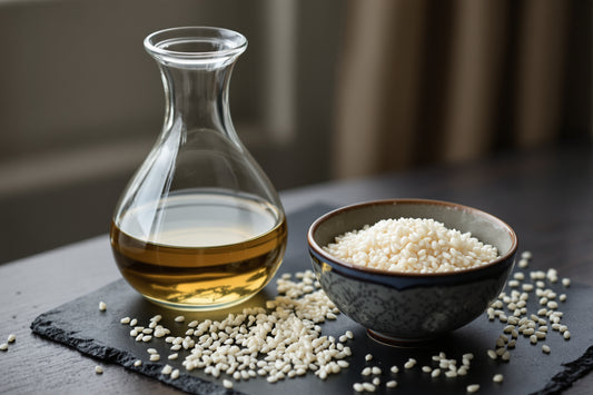 A clear glass carafe of sake beside a ceramic ochoko cup and polished white rice grains scattered on dark slate, soft wi
