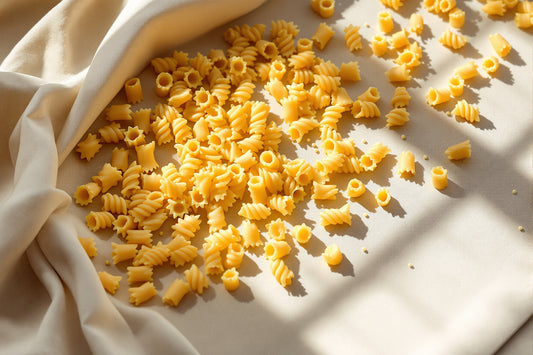 Assorted bronze-die extruded pasta shapes—rigatoni, penne, fusilli—scattered across pale linen with natural window light