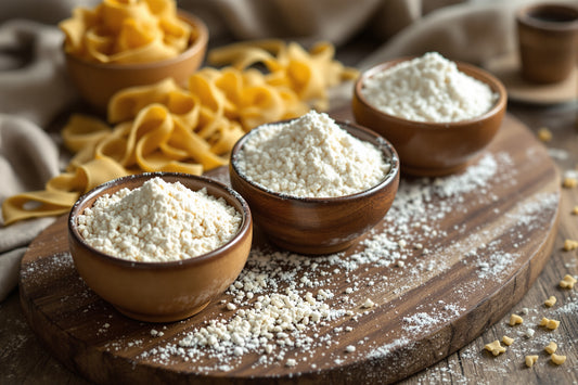 A rustic wooden board displaying small mounds of 00, 0, 1, and 2 grade Italian flours in ceramic bowls, dusted surfaces,