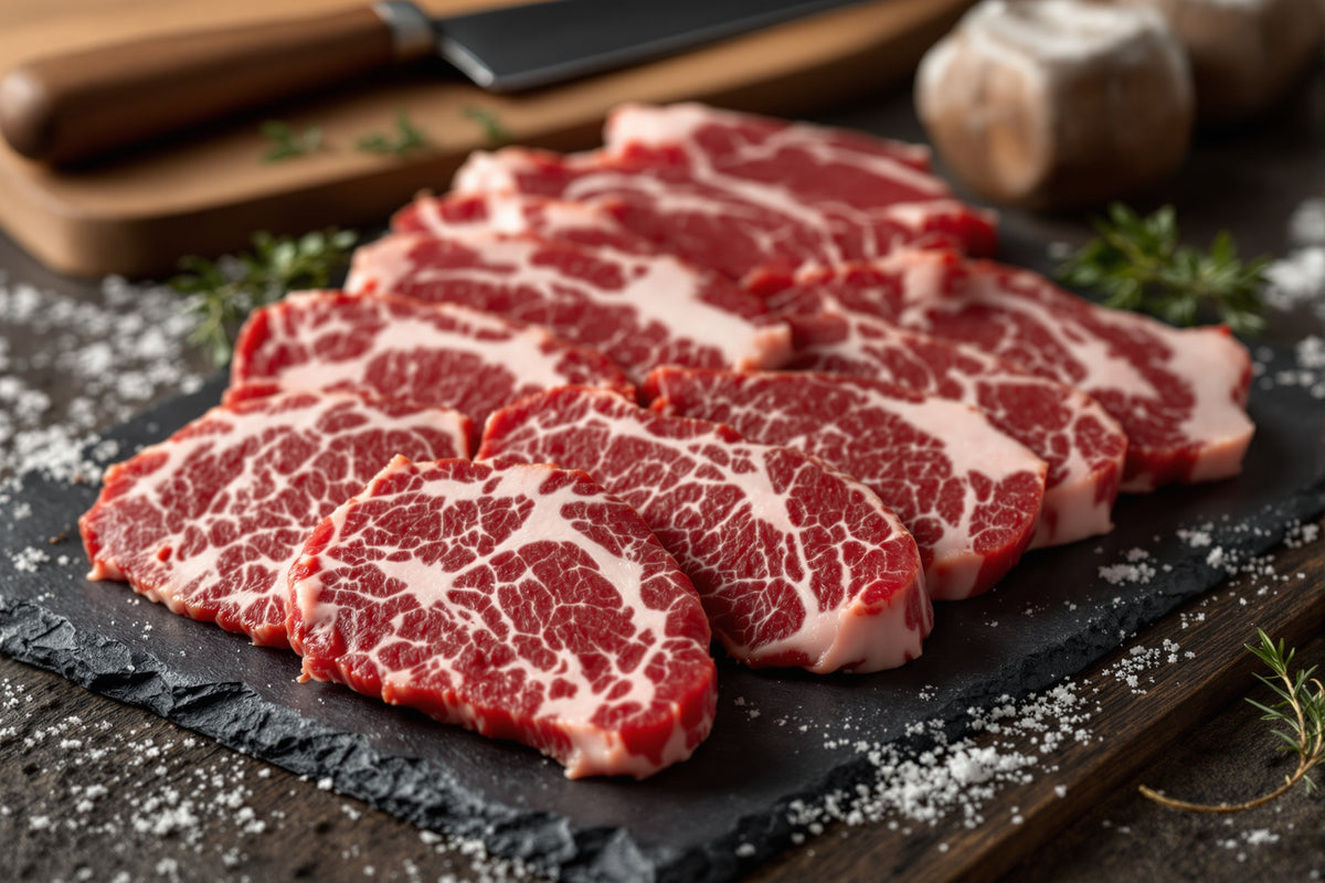 Thin slices of heavily marbled raw wagyu beef arranged on dark slate, showing intricate white fat veining, photographed 