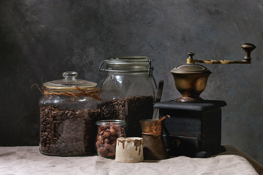 digital kitchen scale with espresso cup and flour bowl, clean marble counter, soft daylight, no text no logos
