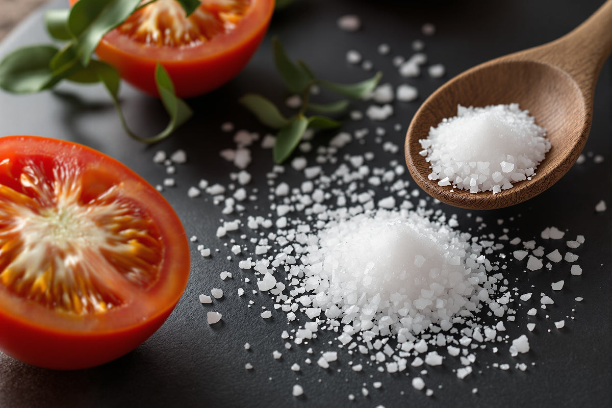Pyramid-shaped flakes of Trapani sea salt scattered on dark slate beside a halved heirloom tomato and olive wood spoon, 