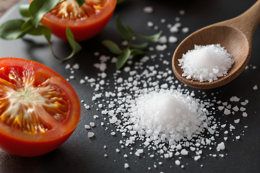 Pyramid-shaped flakes of Trapani sea salt scattered on dark slate beside a halved heirloom tomato and olive wood spoon, 