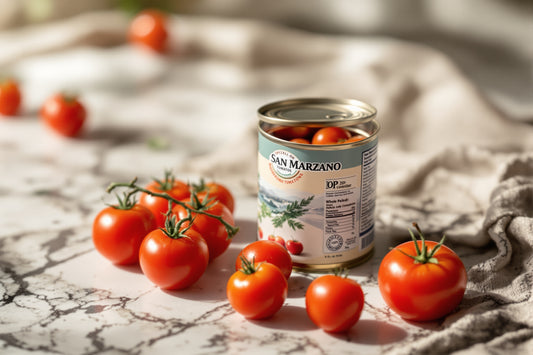 Opened tin of whole peeled San Marzano tomatoes beside fresh plum tomatoes on weathered marble, soft natural window ligh