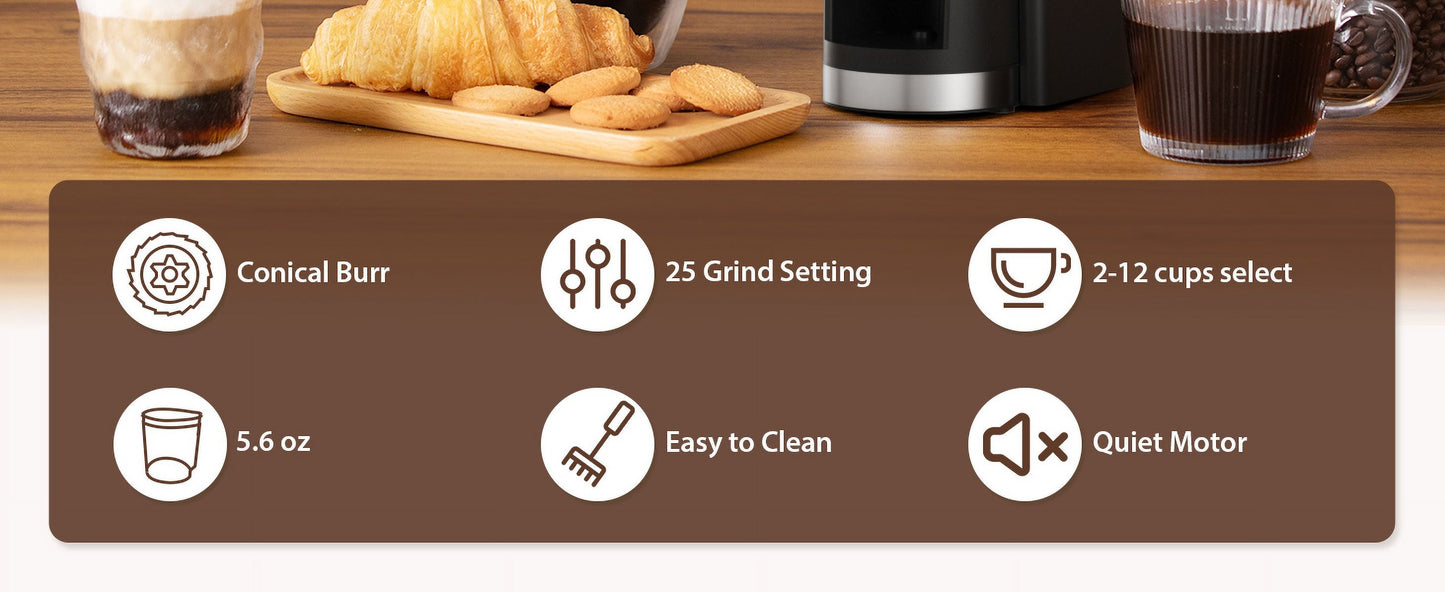 Burr Coffee Grinder,  Coffee Grinder with 25 Grind Setting, Electric 2-12-Cup Coffee Grinder