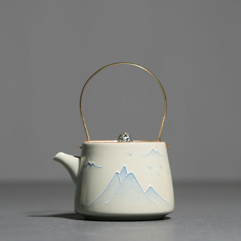 Handmade Ceramic Teapot with Mountain Design – Brass Handle