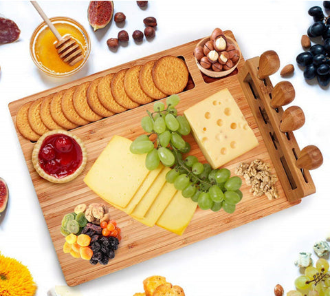 Rectangular Bamboo Charcuterie Board with Knife Holder Set