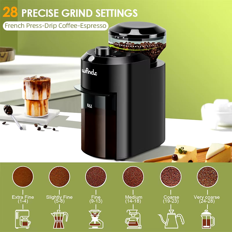 Grinds coffee beans for espresso, cold brew, French press an