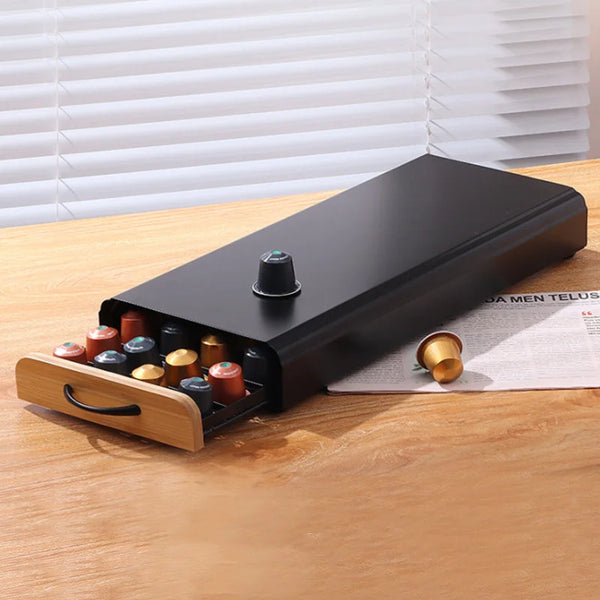 Capsule organizer drawer pulled open showing 20 Nespresso pods in single tier