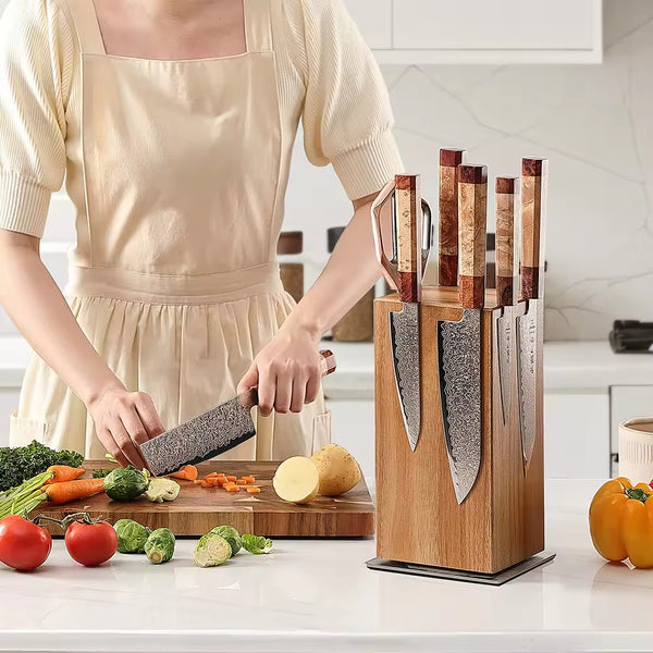 Wudy Kitchen — Acacia Wood Magnetic Rotating Knife Holder — 360° Stainless Steel Base
