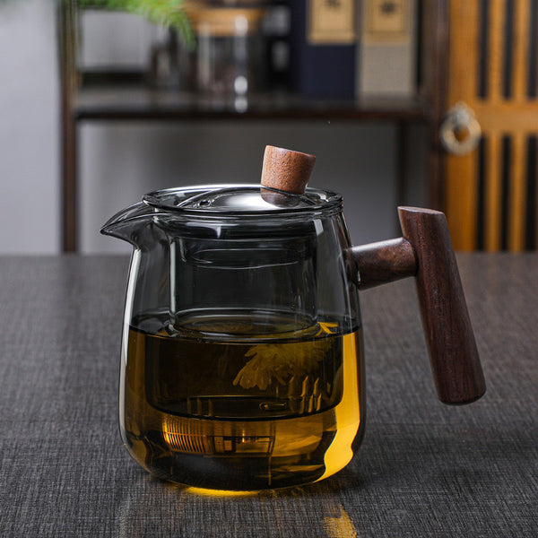 Wudy Kitchen Wudy Smoky Borosilicate Glass Teapot — smoky borosilicate glass, wooden handle — 45-degree angle, studio light