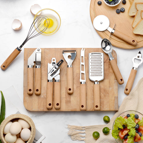 9-Piece Stainless Steel Kitchen Tool Set with Natural Wood Handles