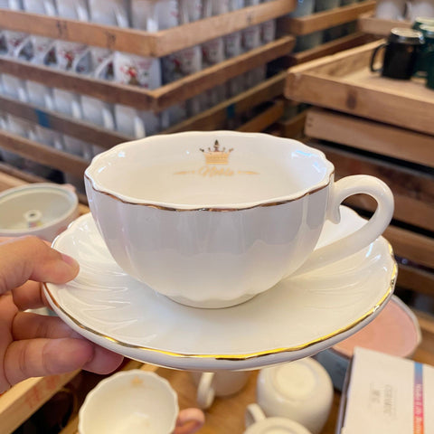 Porcelain Cup & Saucer Set – Scalloped Edge, Gold Rim