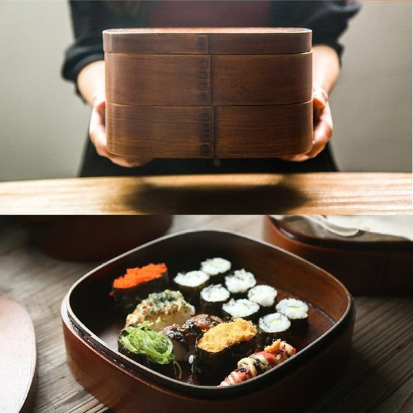 Wudy Kitchen Wudy Wooden Double Lunch Box — premium wood, double-tier compartment — hero view on marble countertop